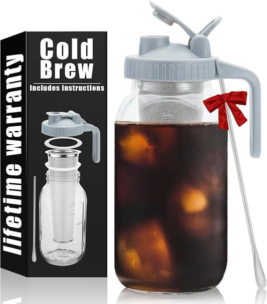 Cold Brew Coffee Maker Pitcher - 64oz Iced Coffee Maker with Stainless Steel Mixing Spoon & Super Dense Filter 3 Steps Finish, Classic BPA Free Sturdy Mason jar Pitcher with Gray Lid Easy to Clean