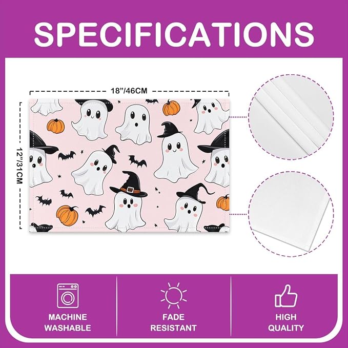 Feelyou Happy Halloween Placemats Set of 4 Cute Ghost Pumpkin Table Mats Light Pink White Place Mat for Kitchen Dining Table Party Decor Indoor Outdoor 18"x12" Non-Slip Easy to Clean Bats Pattern - Image 4