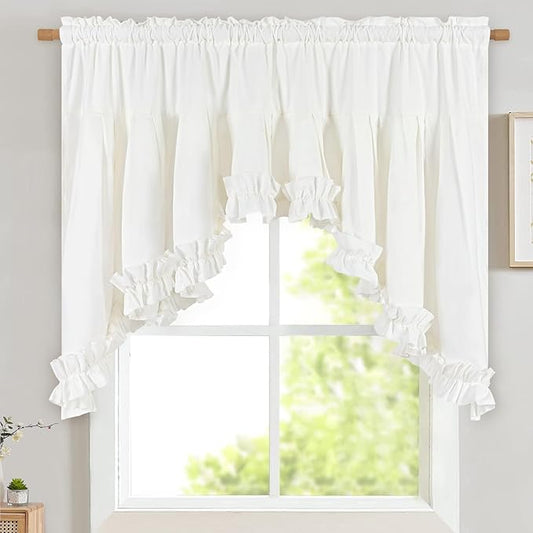 Likiyol Linen Valances for Windows Farmhouse Ruffle Swag Valance Rustic Country Window Valances Light Filtering Kitchen Curtains Rod Pocket Valance Curtains for Bathroom Cafe, White, 60" W x 36" L by Likiyol
