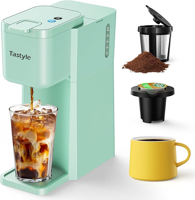 Tastyle Mini Single Serve Hot and Iced Coffee Maker for K Cup and Ground | 6 to14 Oz Brew Sizes, with Recipe Book, for Home, Travel, RV, Office and Dorm, 120V, K310IC, 2.0 version, Mint by Tastyle