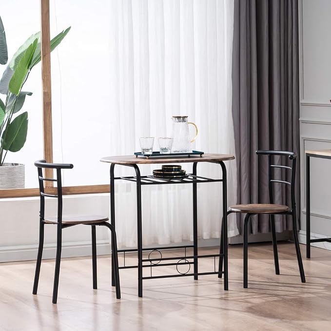 VINGLI 3 Piece Dining Set, Small Kitchen Table Set for 2, Breakfast Table Set, Kitchen Wooden Table with 2 Chairs for Small Space/Dining Room/Apartment, Metal Frame, Wine Rack, Burnt Brown - Image 3