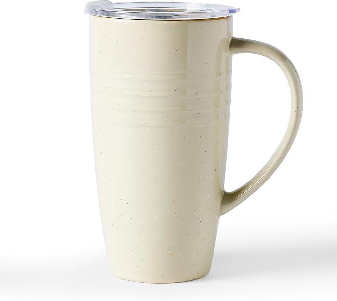 famiware Jupiter Large Coffee Mug, 20oz Coffee Mug with Lid, Ceramic Cup with Handle for Latte, Tea, Cocoa, Milk, Home & Office, Microwave and Dishwasher Safe, Vanilla White by Famiware