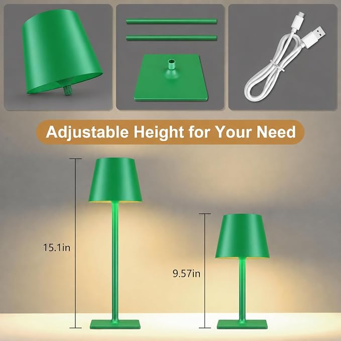 Yogaret Green Cordless Table Lamps, 6000mAh Rechargeable Battery, 2 Pack | Portable table lights set of 2 wireless battery operated lamps for indoor tables, patio, restaurant, dinner and kitchen use - Image 2