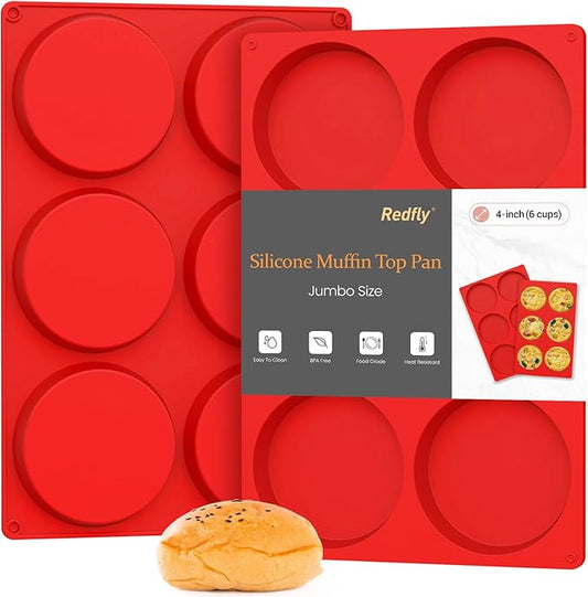 Redfly Silicone Egg Molds for Breakfast Sandwiches 2 Pcs, Non Stick 4 Inch Egg Bites Baking Pans, Jumbo Silicone Muffin Pans for Baking, Round Muffin Top Pan for Whoopie Pie Pan, Hamburger, Fruit Tart