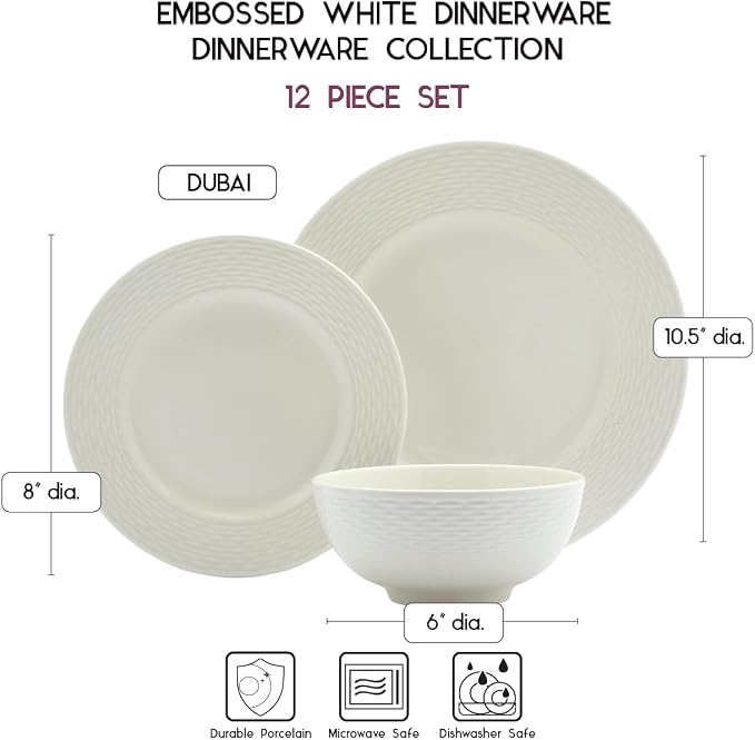TTU Tabletops Gallery Embossed Bone White Porcelain Round Dinnerware Collection- Chip Resistant Scratch Resistant, Dubai 12 Piece Dinnerware Set (Dinner Plate, Salad Plate, Cereal Bowl) - Image 4