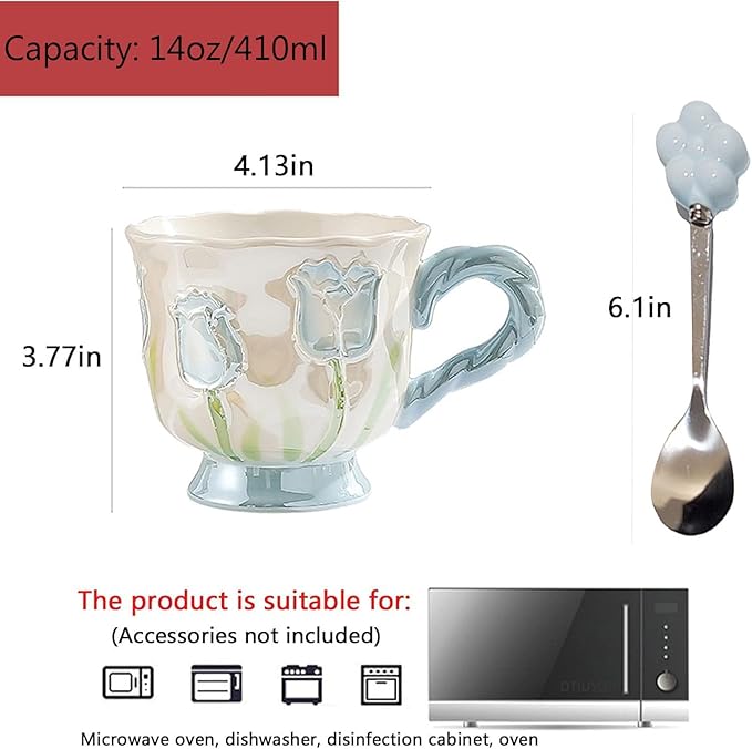 DTIUYIOP-Ceramic Coffee Mug 14oz/410ml Yellow Cute Flower with Spoon | novelty coffee mug, Tulip Shaped Floral,Girly Mug with Handle, Breakfast Milk Oatmeal Cup, cute mugs for women - Image 2