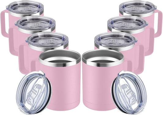 MEWAY 12oz Coffee Mug With Handle and Sliding Lid,Stainless Steel Travel Tumbler Cup with Handle,Double Wall Vacuum Insulated Camping Cup for Hot & Cold Drinks Tea (Pink,Set of 8) by MEWAY