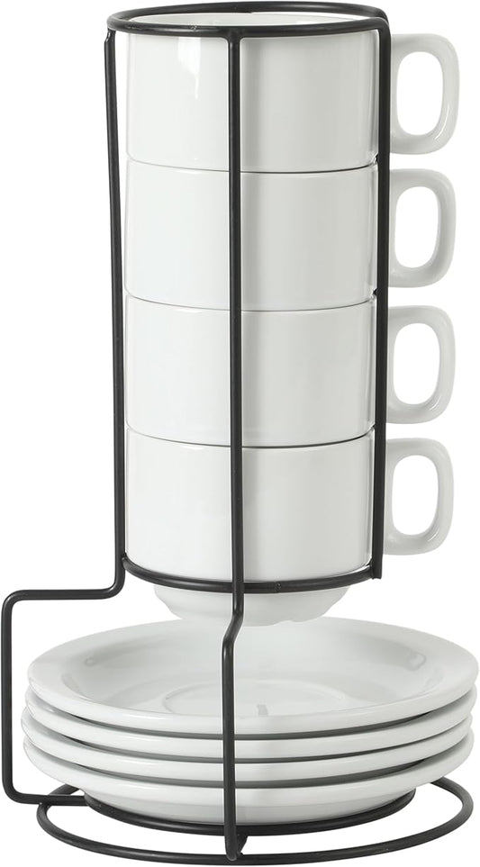 Gibson Home Gracious Dining 7-Ounce Cappuccino Cups Set of 4, Stackable Coffee Cups with 4 Saucers, Metal Stand, Coffee Mugs for Latte, Café, Mocha, Tea by GibsonHomewares