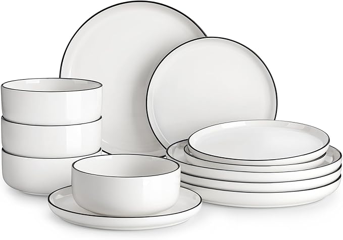 MALACASA Plates and Bowls Sets, 12 Pieces Modern Porcelain Dinnerware Set for 4 White Kitchen Dinner Dining Ware Set wtih Black Rim Ceramic Dishware Dishes Microwave and Dishwasher Safe, Series LUNA by MALACASA