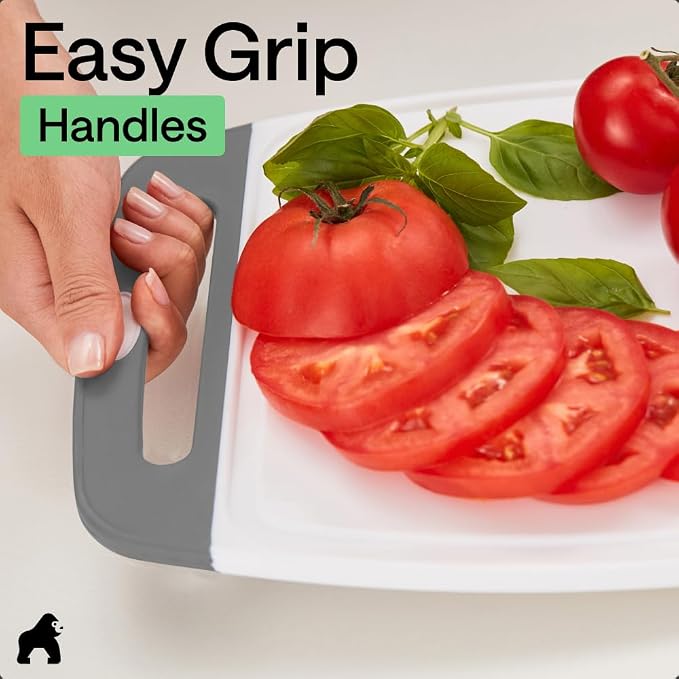 GORILLA GRIP BPA-Free Reversible Kitchen Cutting Board Set of 3, US Designed, Nonporous, Juice Grooves Catch Liquid, Slip Resistant Border, Dishwasher Safe, Durable Large Food Chopping Boards, Gray - Image 8