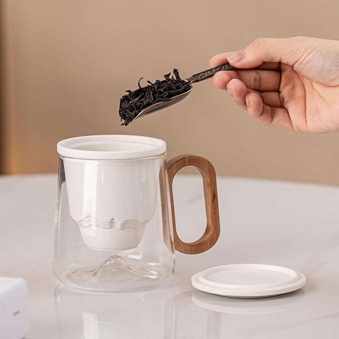 Tea Cup with Infuser and Lid 15oz - Mountain Design Tea Infuser Mug, Loose Leaf Tea Gift Set with Wood Handle, Anniversary Birthday Gift for Nature Lovers