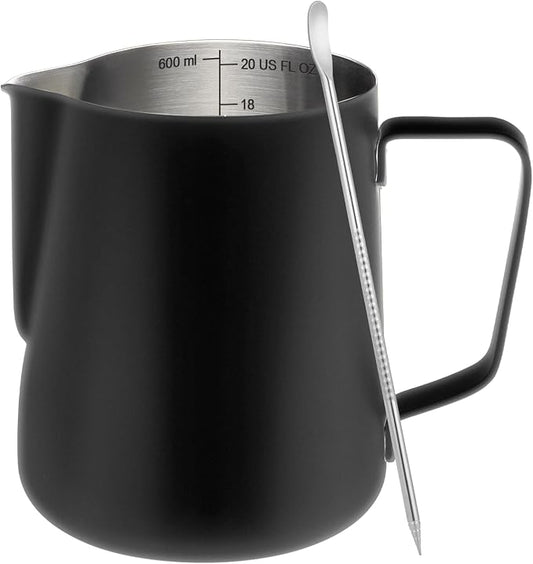 Amrules Milk Frothing Pitcher, 20oz Milk Frother Cup with Clear Scale, 304 Stainless Steel Cappuccino Espresso Machine Accessories for Barista Coffee Bar with Latte Art Pen, Black by Amrules