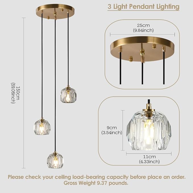 3 Light Pendant Light Fixtures, Crystal Pendant Lights Kitchen Island, Modern Hanging Lights Brushed Brass Cluster Pendant Lighting for Dining Room Bathroom - Image 2