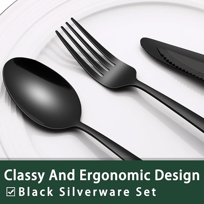 EWFEN 24-Piece Black Silverware Set with Steak Knives, Black Flatware Set for 4, Food-Grade Stainless Steel Tableware Cutlery Set, Mirror Finished Utensil Sets for Home Restaurant, Heavy Duty - Image 3
