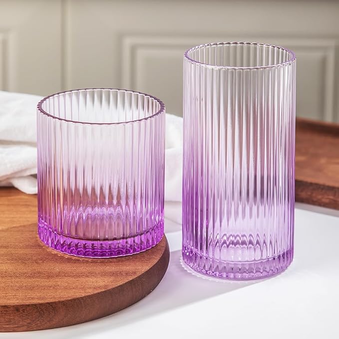 Ribbed Drinking Glasses 8pcs, 12oz and 10oz Glassware, Tumbler Glasses Cup Set for Wedding, Party, Christmas Gift, Purple by Lumkit