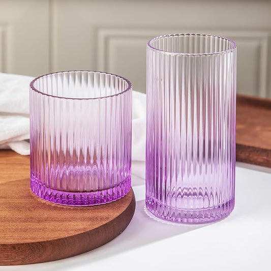 Ribbed Drinking Glasses 8pcs, 12oz and 10oz Glassware, Tumbler Glasses Cup Set for Wedding, Party, Christmas Gift, Purple by Lumkit