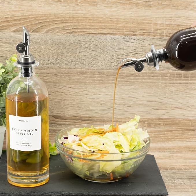 Molimoli Oil and Vinegar Dispenser with Metal Pour Spout, Weighted Pourer, Glass Bottle Dispenser for Kitchen, Olive Oil Cruet, Glass Olive Oil Bottle | 500ml, Set of 2 - Image 7