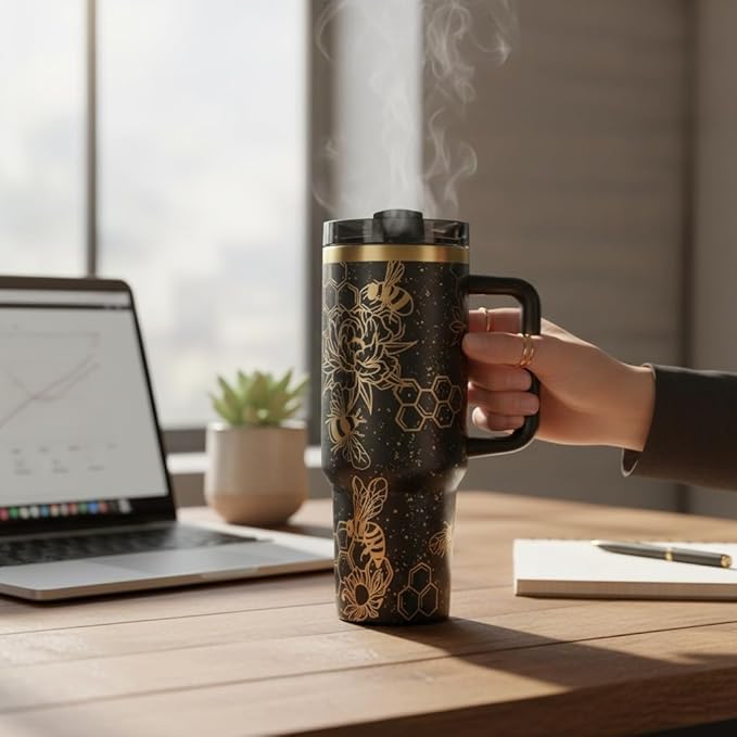 Tumbler, 40oz Tumbler, Western Tumbler, Engraved Cup with Handle, Cute Coffee Mug, 40oz Coffee Mug (Black Gold(21)-Bee(B31))