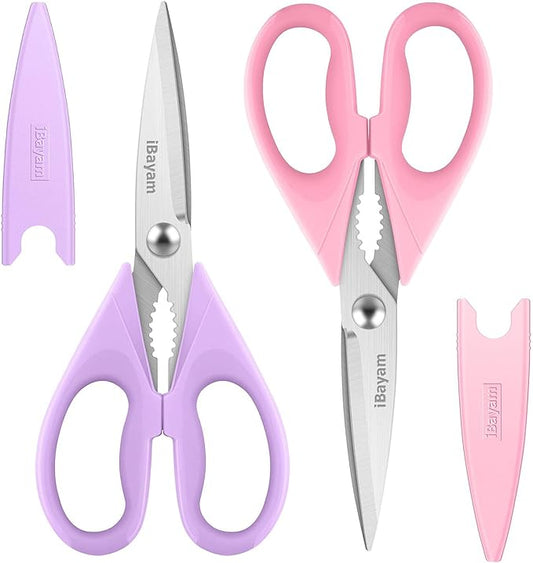 iBayam Pastel Kitchen Scissors All Purpose Heavy Duty & Cover, Pink/Purple | Dishwasher Safe, Comfort Grip, 8.7" Stainless Steel Sharp Food Scissors Poultry Shears Kitchen Utensils Accessories, 2-Pack by iBayamDirect