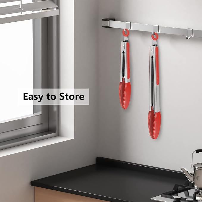 2 Pack Silicone Kitchen Tongs, 9 & 12 Inch, Stainless Steel, Red - Image 6