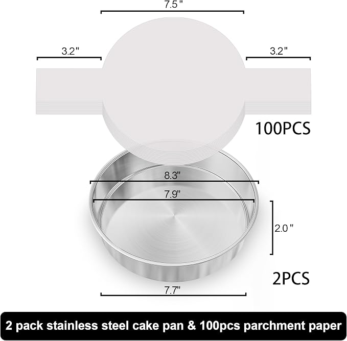 8 Inch Cake Pan Set of 2, Stainless Steel Baking Pans & 100 Parchment Paper | AWTBDP Nonstick Smash Circle Round Cake Pans Tins for Birthday Christmas Layer Cake, Healthy & Dishwasher Safe & Easy Clean - Image 2
