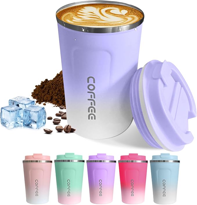 SPLMIFA Travel Coffee Mugs Leak-Proof, Reusable Coffee Cup with Lids, Stainless Steel Vacuum Insulated Coffee Tumblers, Thermal Insulation Cup for Men & Women Hot & Cold Drinks(2nd-Purple White, 17OZ) by SPLMIFA