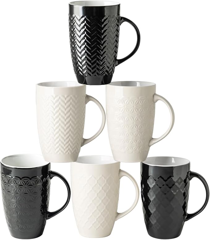 AmorArc Large Coffee Mugs Set of 6, 20oz Ceramic Tall Coffee Mugs Set with Textured Geometric Patterns for Coffee/Tea/Beer/Hot Cocoa, Dishwasher & Microwave Safe, Black&Beige by AmorArc
