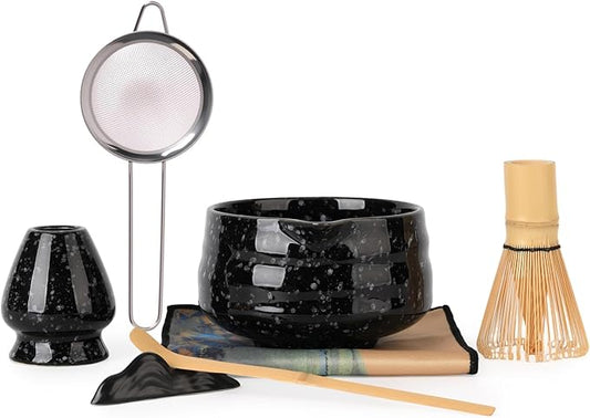 Japanese Matcha Whisk Set - 7-Piece Kit Bamboo Chasen, Ceramic Bowl with Spout, Stainless Steel Sifter & Holder Black