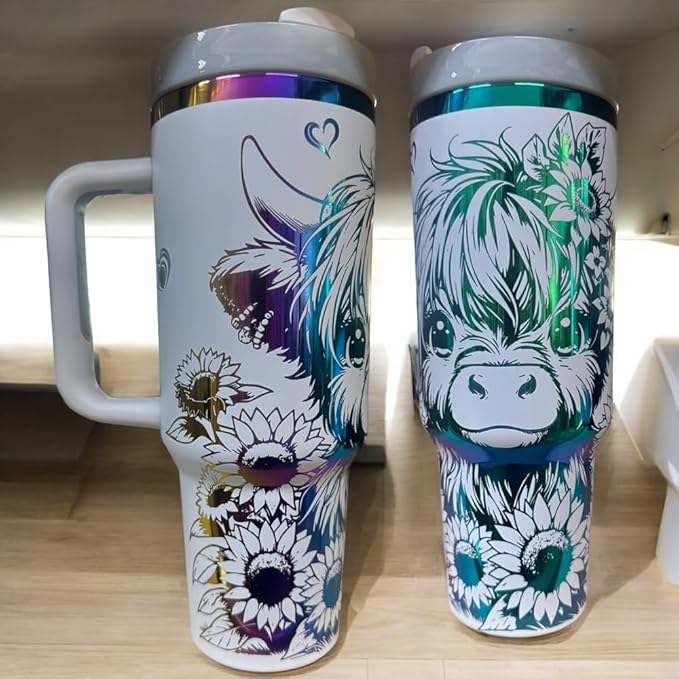 Tumbler, 40oz Tumbler, Western Tumbler, Engraved Cup with Handle, Cute Coffee Mug, 40oz Coffee Mug (White/rainbow-Cute cow)
