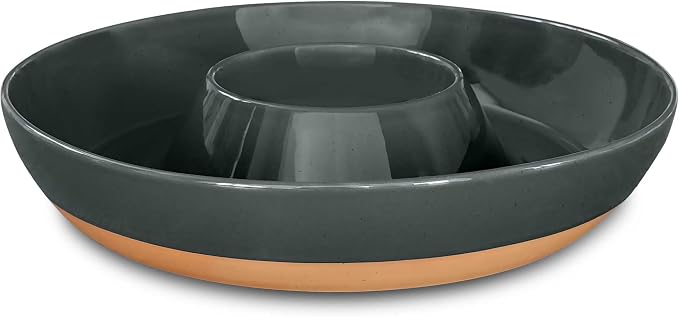 Mora Ceramic Chips and Dip Serving Tray: Large Divided Party Bowl Set for Chips & Salsa, Veggies & Dip, Fruit, Snacks, Entertaining, Hosting, etc. Minimalist Design for the Modern Hostess - Charcoal by MORA