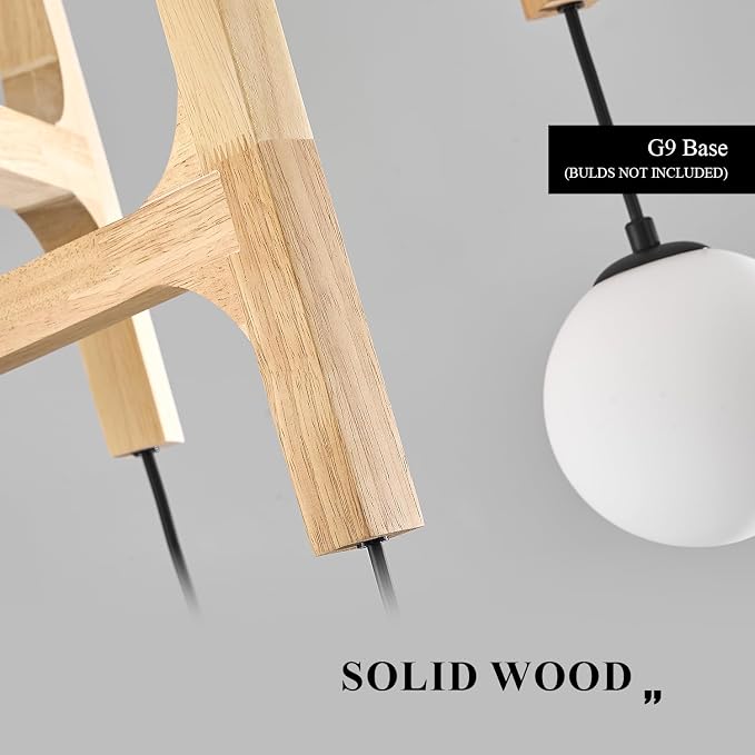 Wooden Chandeliers L28 '' Natural Farmhouse 6-Light Milk Glass Pendant Light Rustic Mid Century Long Hanging Lighting for Living Dining Room Entryway Foyer Bedroom Kitchen,G9 - Image 5