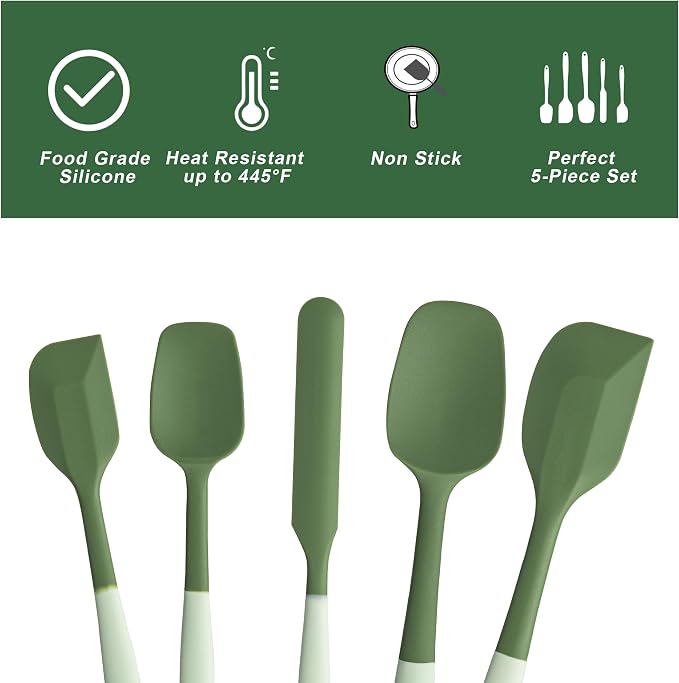 Silicone Spatula Set,5 Piece Food Grade Rubber Spatulas,Double-Green | Spatulas Silicone Heat Resistant for Baking,Cooking,and Mixing High Heat Resistant Non Stick Dishwasher Safe BPA-Free - Image 3