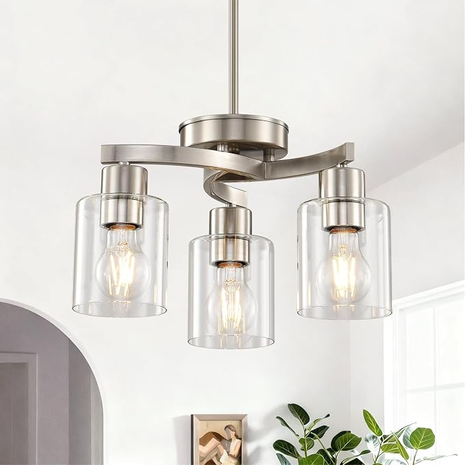 Modern Dining Room Chandelier, 3-Light Brushed Nickel Pendant Light | Industrial Pendant Light, Clear Glass Shade, Adjustable Height, E26, Dimmable - Image 6