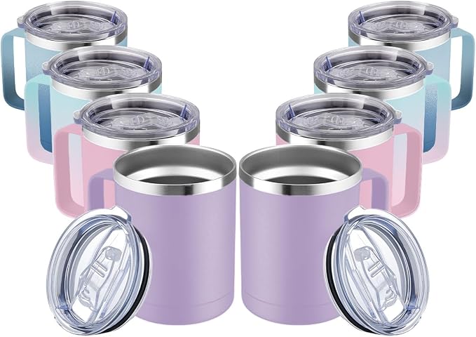MEWAY 12oz Coffee Mug With Handle 2 Pack Bulk,Stainless Steel Insulated Travel Tumblers With Sliding Lid,Double Wall Vacuum Camping Cup for Hot & Cold Drinks Tea (Bubble Gum&Blue Waves,Set of 8) by MEWAY