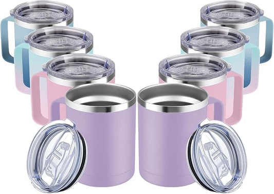 MEWAY 12oz Coffee Mug With Handle 2 Pack Bulk,Stainless Steel Insulated Travel Tumblers With Sliding Lid,Double Wall Vacuum Camping Cup for Hot & Cold Drinks Tea (Bubble Gum&Blue Waves,Set of 8) by MEWAY