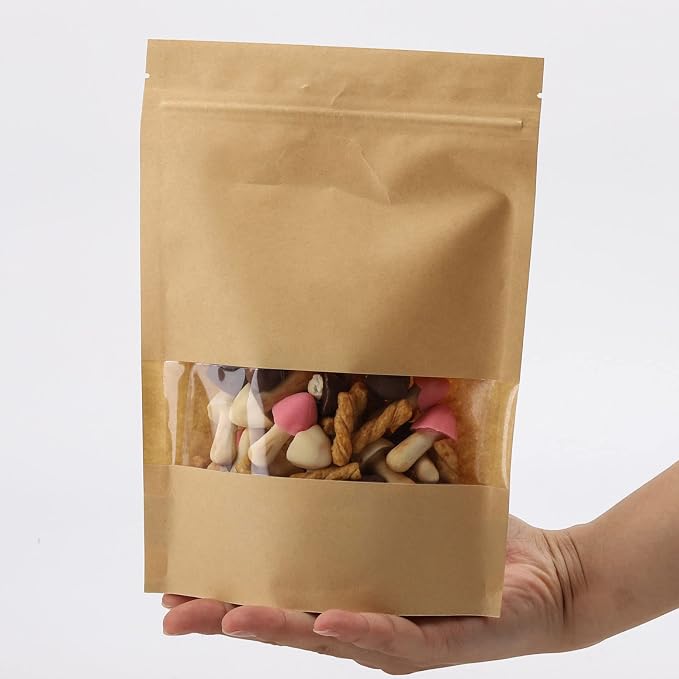 Tecbeauty 100pcs Kraft Paper Stand Up Pouches Zipper Lock Resealable Food Storage Bags with Window for Packing Cookies, Dog Treats (7 x 10inch) - Image 4