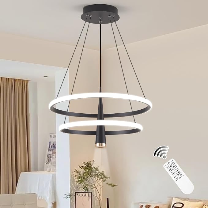 ORANOOR Modern LED Chandelier, Dimmable 20inch Black Kitchen Pendant Lights | Dining Room Light Fixtures Ceiling Hanging, 2 Ring Round LED Chandeliers for Bedroom Living Room Staircase Over Table, 3360lm by ORANOOR