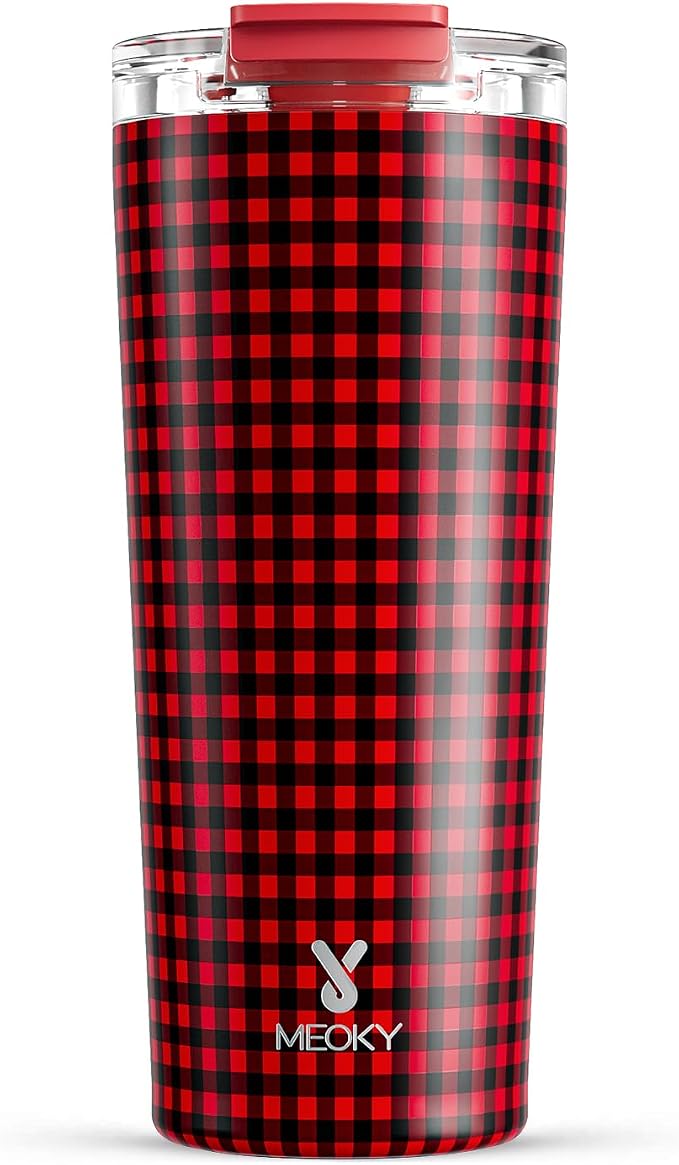 Meoky 24 oz Insulated Travel Coffee Mug: Leak Proof Lid, Crimson Plaid | Stainless Steel Coffee Tumbler, Keeps Hot for 8 Hours or Cold for 24 Hours, Fits in Car Cup Holder, BPA Free by MEOKY