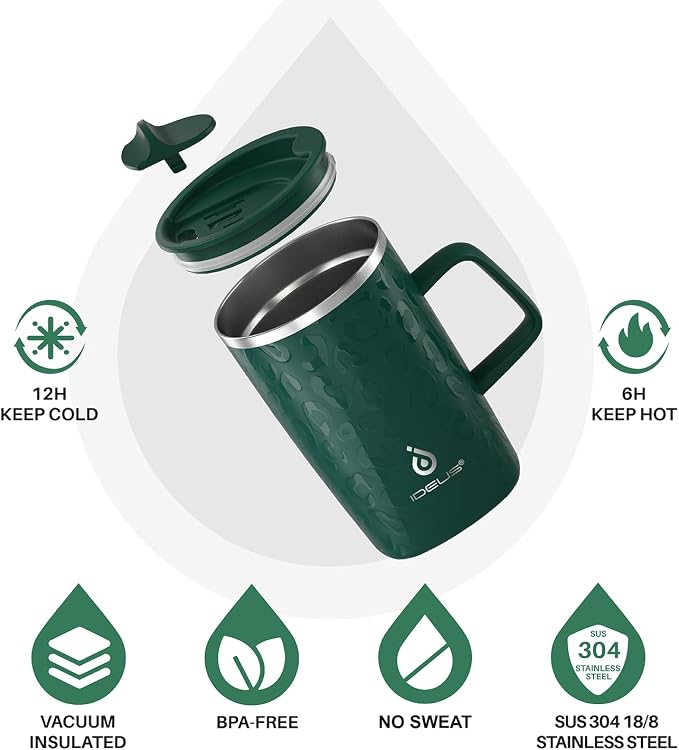 Ideus 16oz Insulated Stainless Steel Coffee Mug with Lid Leopard Dark Green | Perfect for home, office, or daily use| Easy to clean wide mouth| Sweat-proof| On the go - Image 2