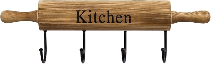 MyGift Rustic Burnt Brown Wood Kitchen Hooks for Hanging Cooking Utensils, Coffee Mugs and Hand Towels, Decorative Rolling Pin Design Kitchen Wall Decor with 4 Hooks | Four sturdy hooks provide convenient hanging space for mugs, towels, utensils, apron... - Image 7
