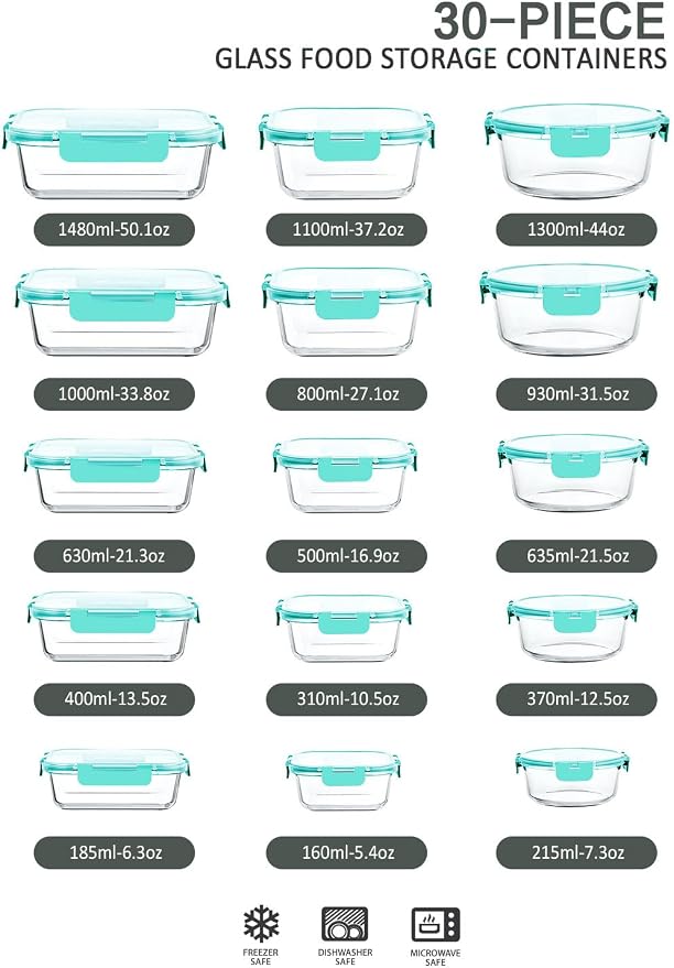30 Pieces Glass Food Storage Containers with Upgraded Snap Locking Lids,Glass Meal Prep Containers Set - Airtight Lunch Containers, Microwave, Oven, Freezer and Dishwasher Friendly (Green) - Image 2
