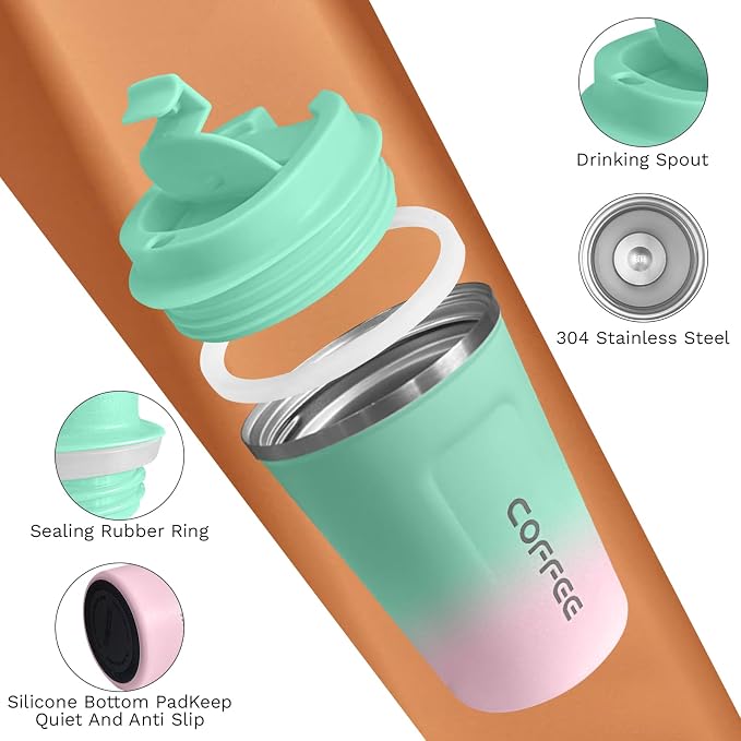 SPLMIFA Travel Coffee Mug Leak-Proof, Reusable Coffee Cups with Lids, Stainless Steel Vacuum Insulated Coffee Tumblers, Thermal Insulation Cup for Men and Women Hot & Cold Drinks(2nd-Green Pink, 17OZ) - Image 3