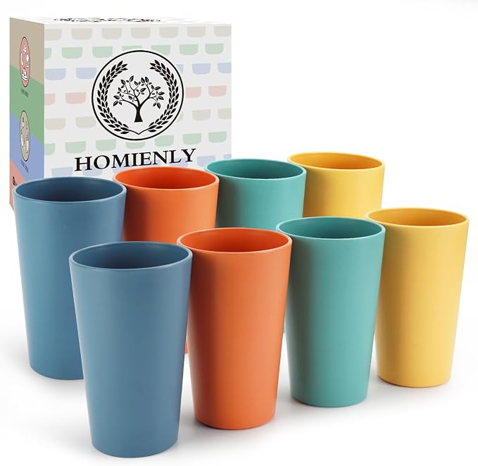 Homienly Reusable Plastic Cups - Wheat Straw Unbreakable Drinking Glasses & Water Glasses | Multi-Color Stackable Plastic Cups, Dishwasher Safe | Glassware & Cup Sets for Kitchen (20 oz 8-Pack) by HOMIENLY