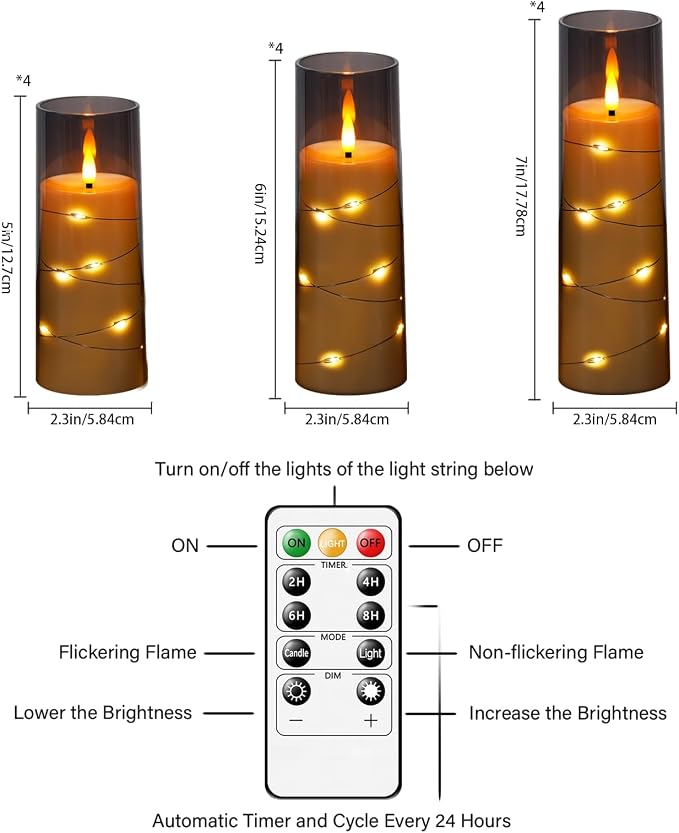 Sasigeiaa Flameless Candles with Embedded Star String - Battery Operated LED Candles, with Remote,12 Grey Flickering Candles for Christmas, Weddings, Home Decor & Party,(D 2.3"×H 5" 6" 7") - Image 3
