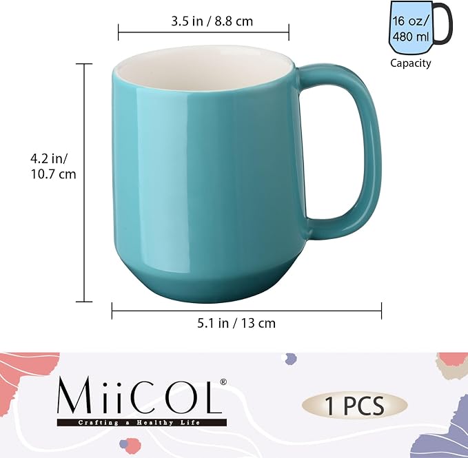 Miicol Ceramic Coffee Mug, 16 oz Large Coffee Cup, Tea Mug with Handle, Flat Bottom Mug for Men, Women, Office, Microwave and Dishwasher Safe, Multi-Color, Mint Blue - Image 3