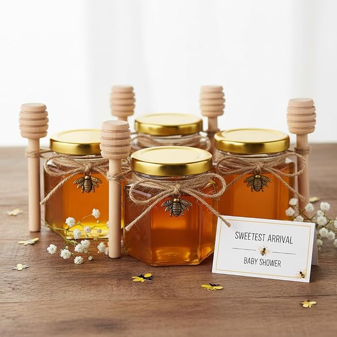 Adabocute Honey Pot, Mini Glass Honey Jars with Wood Dipper, Gold Lid, Bee Charms, Gold Organza Bags, Thank-you Tags, Ideal for Baby Showers Wedding Favors Party Favors, 2oz 30 Pack - Image 3