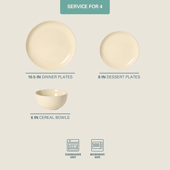 Gibson Home Rockaway 12 Piece Plates and Bowls Matte Glaze Service for 4 Dinnerware Set - Warm Cream - Dishwasher and Microwave Safe - Image 2