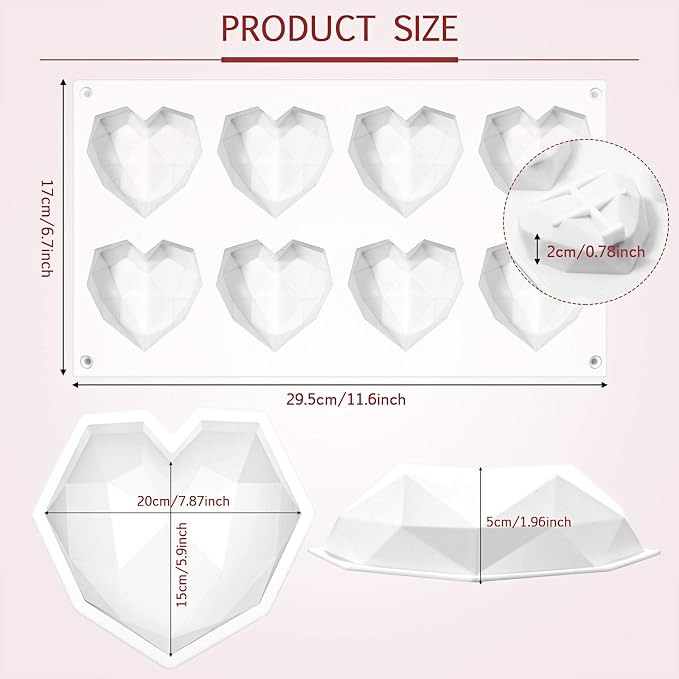 2 Pieces Valentine‘s Day Diamond Heart Mousse Cake Mold and 8 Cup Diamond Chocolate Silicone Dessert Mould Heart Geometric Baking Mold Non-stick Mould for Mousse, Chocolate, Browni (White) - Image 2