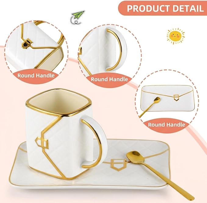 White Handbag Coffee Mug and Saucer,10 Oz Ceramic Purse Tea Cup Gift Set | White,Handbag-shaped,10 oz,ceramic coffee mug with saucer,tea cup design,or women,men,Father's Day and Thanksgiving - Image 4