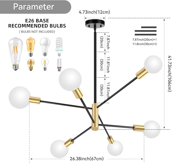 CANMEIJIA Modern Sputnik Chandelier 6-Light, Mid Century Modern Industrial Black Gold Ceiling Light Fixture for Dining Room Kitchen Island Bedroom Living Room(Black and Gold) - Image 5